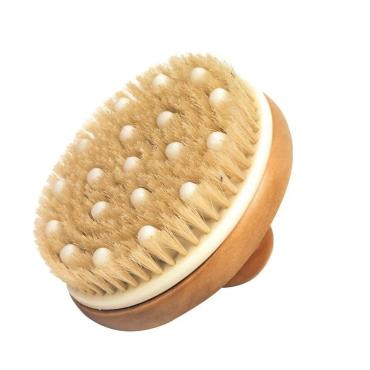 Rund ergonomisk badebørste i træ med naturborster og afrundede massagedupper